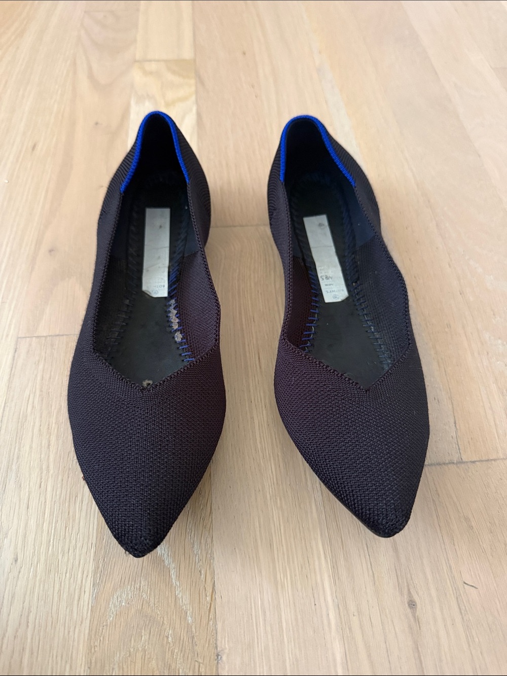 Rothy's Pointed Knit Flats in Dark Brown with Blue Trim